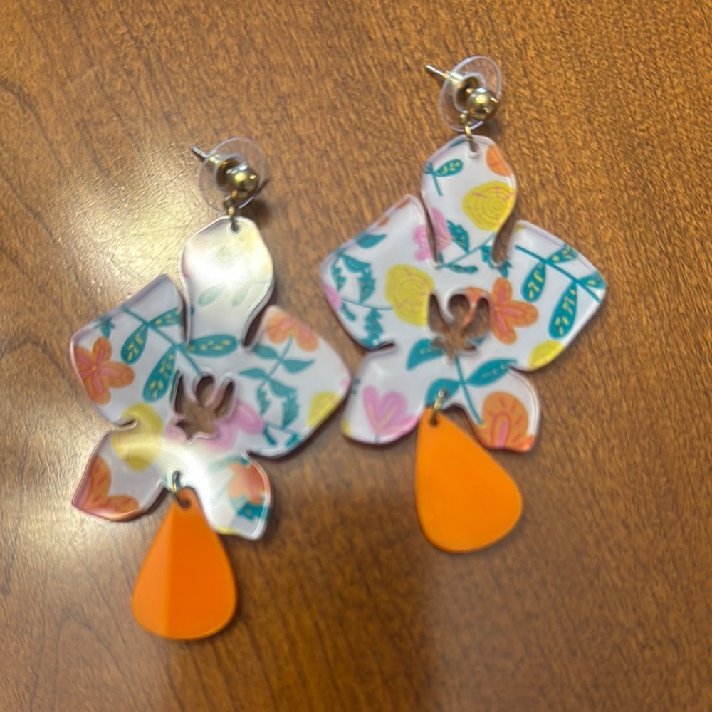 Floral Patterned Earrings with Orange Accent